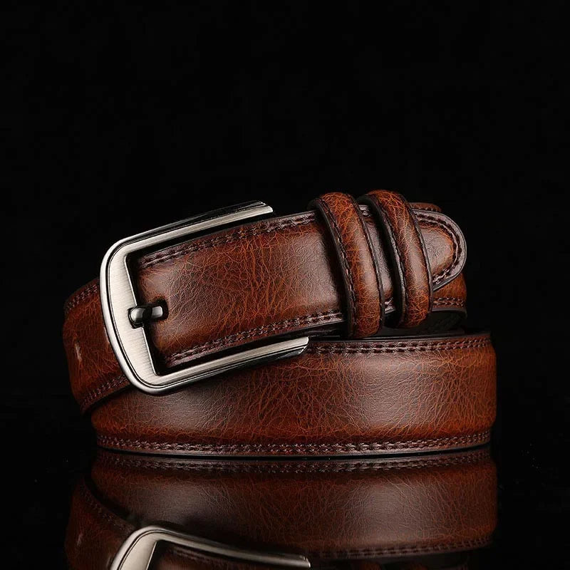 Men's full-grain leather belt hand-finished brown with precision milled buckle, ages beautifully