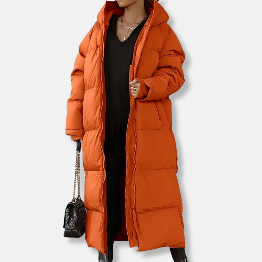 Women's oversized quilted padded long coat with hood and full zip closure, winter outerwear
