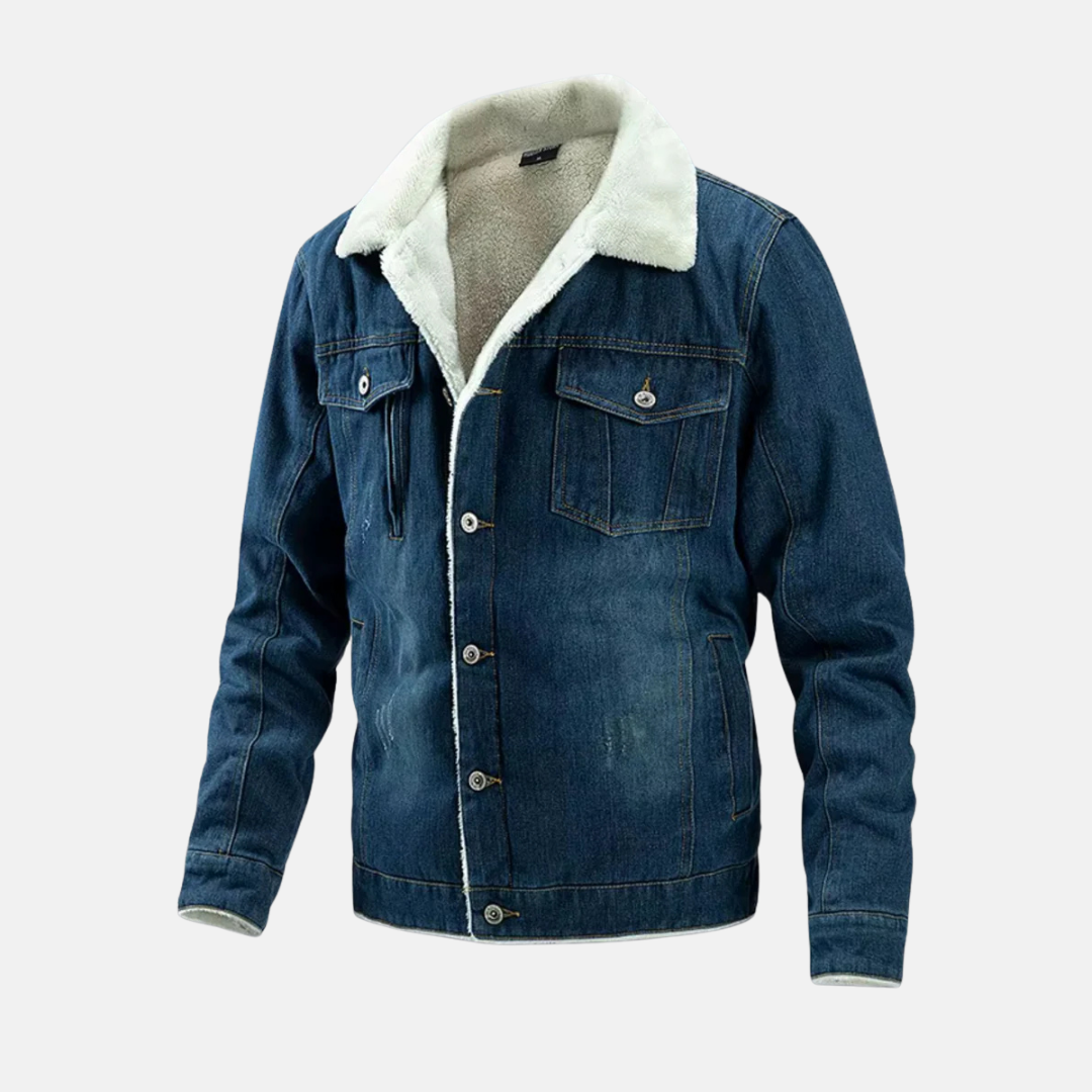 Men's blue denim hip-length jacket with faux shearling lining, regular fit, front button closure