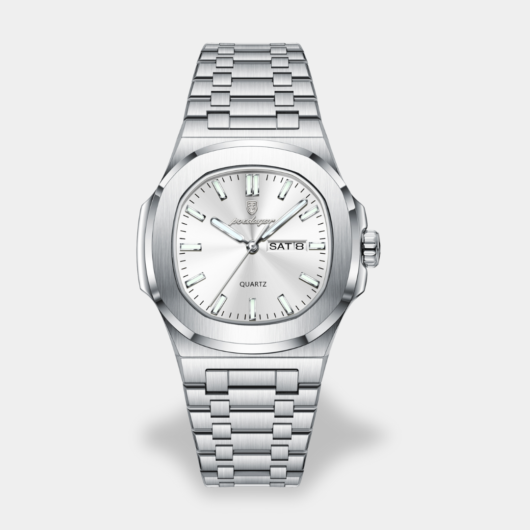 Men's quartz wristwatch analog dial day date window premium rounded case integrated strap everyday wear