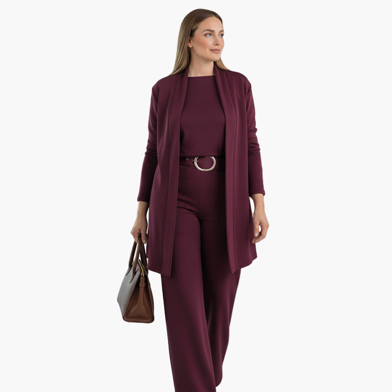 Women's 3-piece business suit beige blazer coordinated top tailored trousers with matching belt