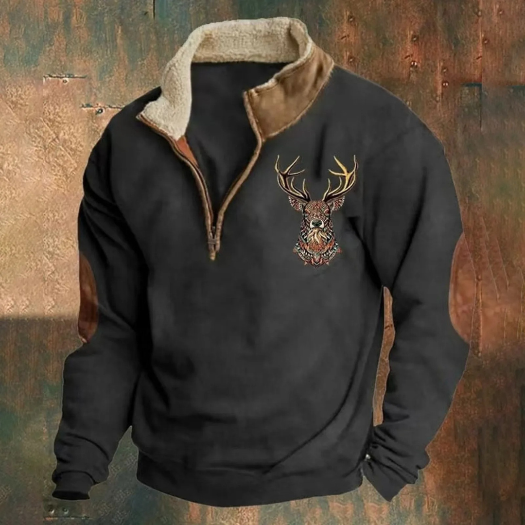 Men's brushed fleece half-zip pullover with embroidered deer detail, warm layering piece for outdoor wear