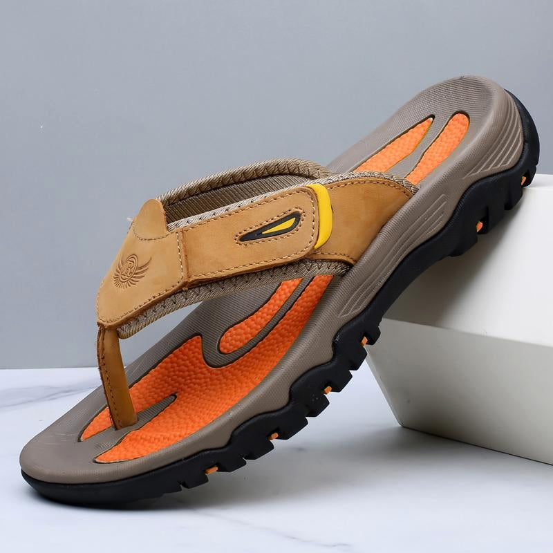 Men's brown ridge leather sandals cushioned footbed structured straps shock-absorbing sole