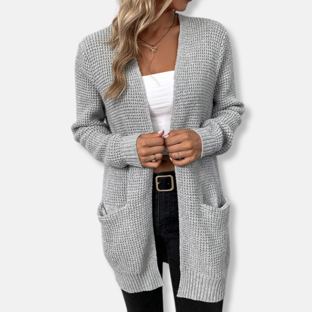 Women's relaxed fit waffle knit cardigan open front with patch pockets cozy fall layering essential