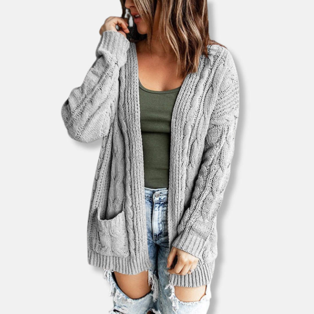 Women's cable knit open-front cardigan relaxed fit with pockets, cozy layering essential