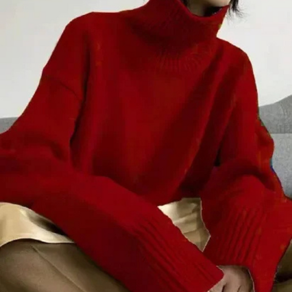 Women's loose fit knitted turtleneck sweater wool blend ribbed edges soft warm fall winter everyday wear