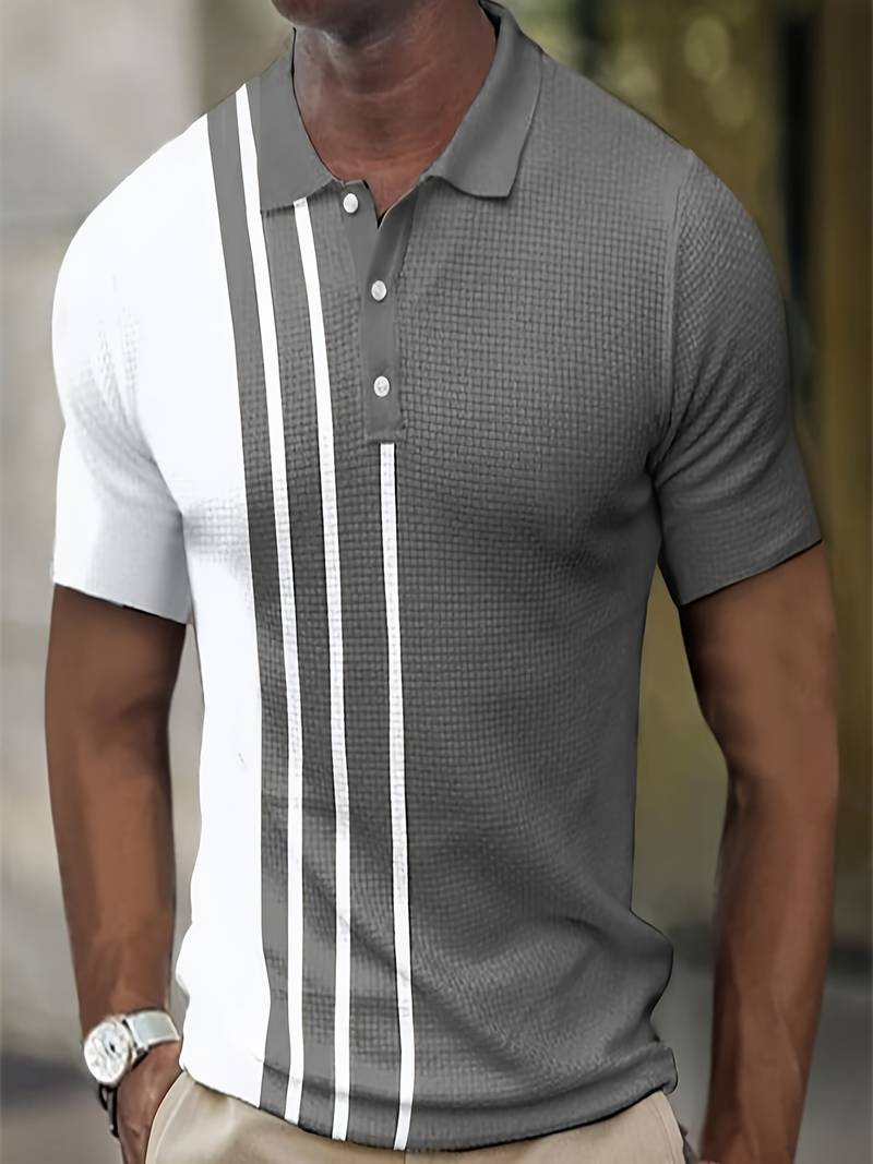 Men's two-tone striped polo shirt classic collar lightweight cotton blend casual everyday wear
