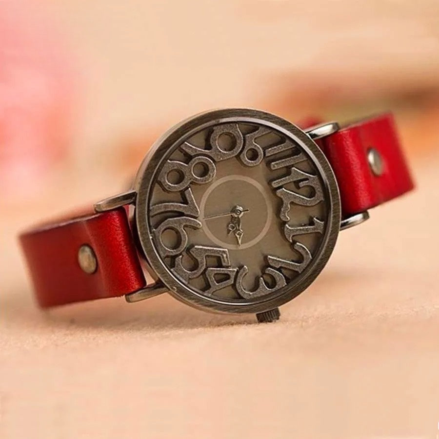 Celeste unisex vintage wristwatch bold 3D numerals genuine leather strap stainless steel case