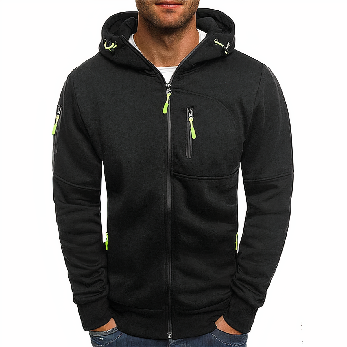 Men's lightweight urban zip hoodie with adjustable contrast drawcord hood and practical pockets