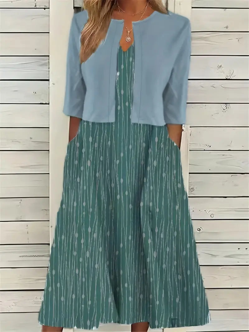 Floral two-piece set scoop neck dress with solid crop top elegant chic occasion outfit for women