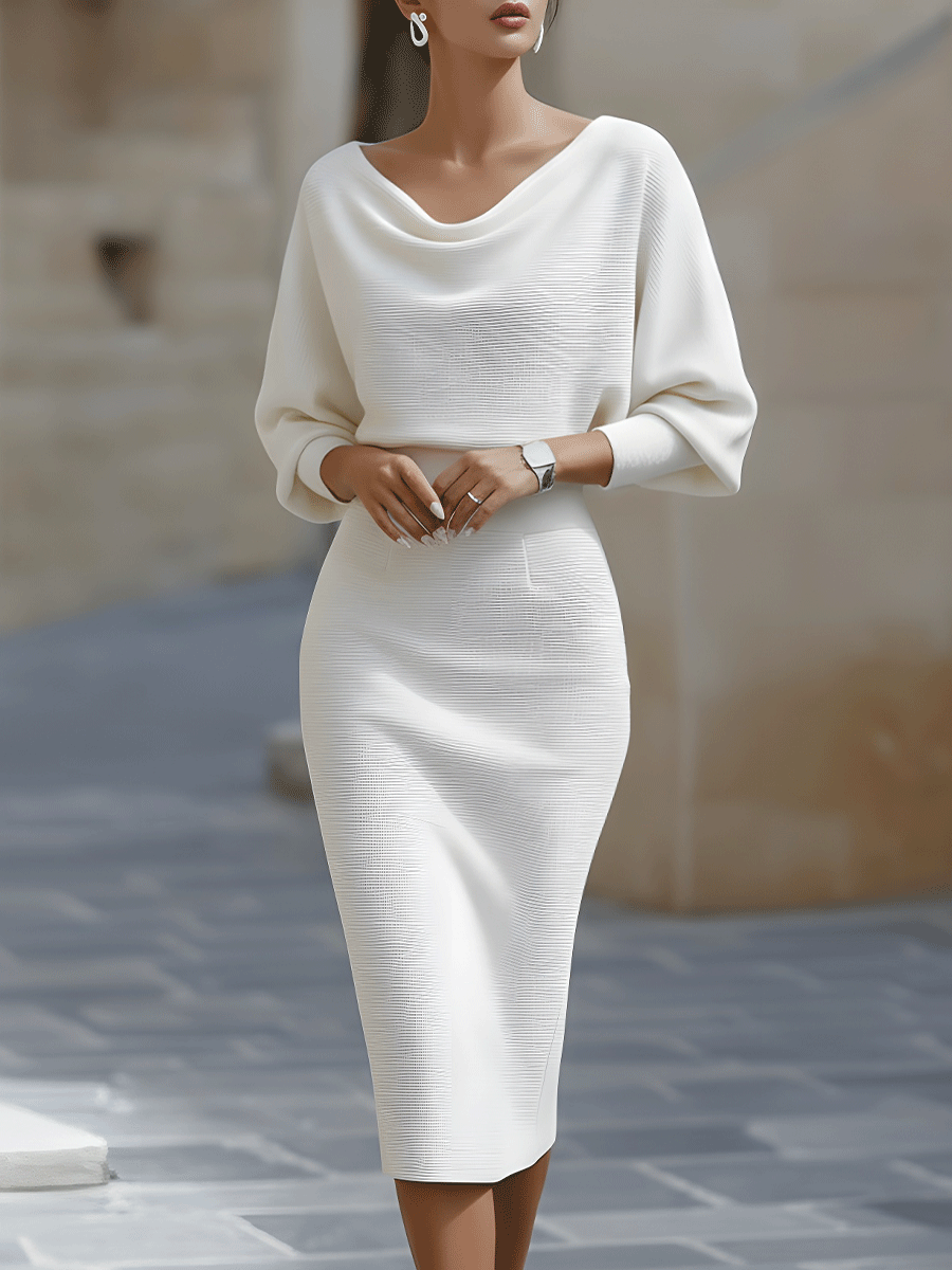 Elegant draped midi dress for women, fluid neckline, tailored waist, day-to-evening silhouette