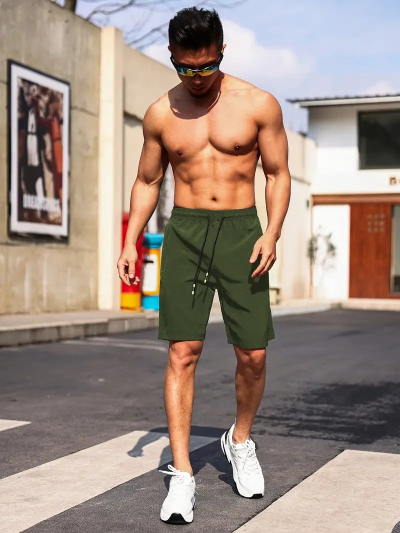 Men's gray athletic shorts slim fit breathable fabric with secure zippered pockets for gym