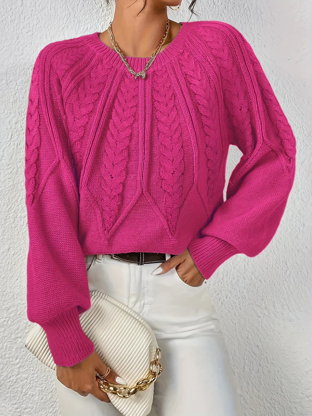 Women's cream cable knit crocheted sweater relaxed fit with textured crochet-inspired pattern