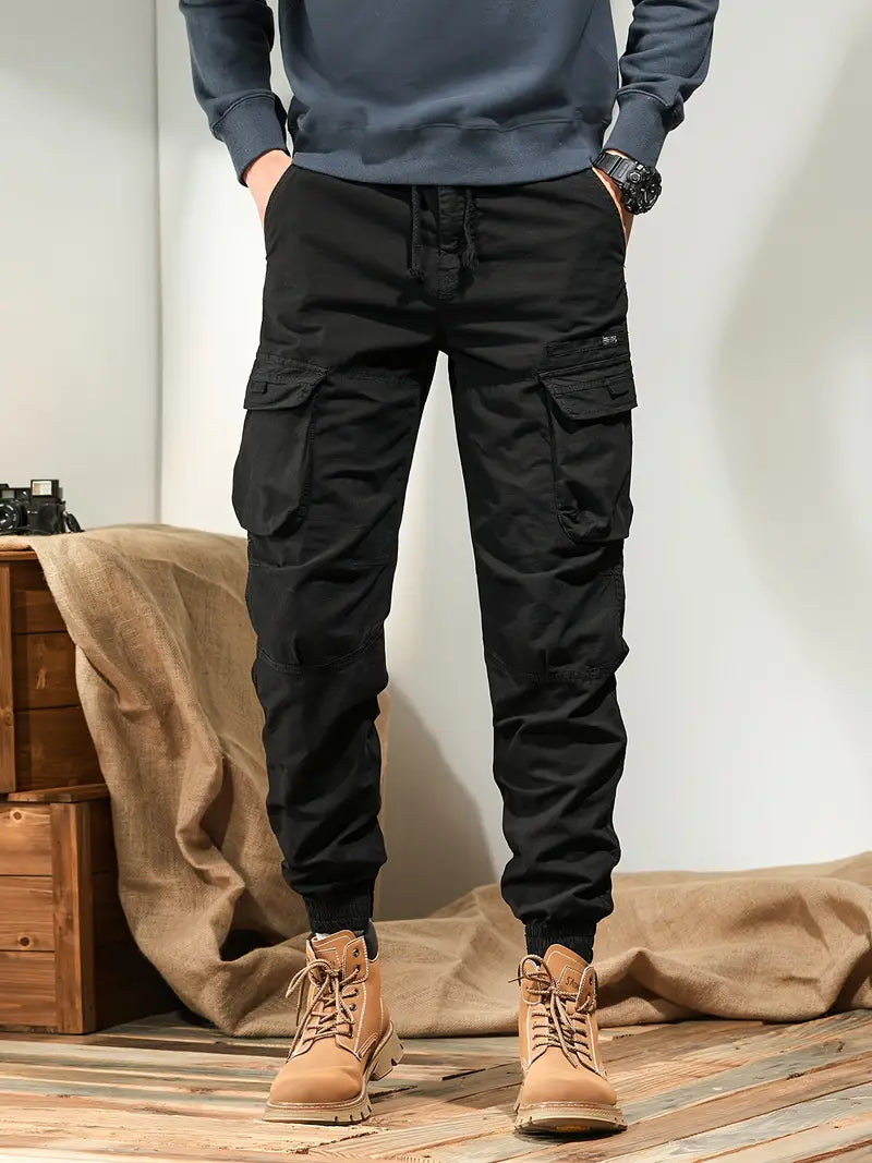 Men's khaki regular-fit cargo pants cotton blend multi-pocket rugged outdoor style mid-rise waist