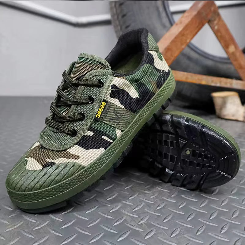 Camo tactical sneaker with military-grade ballistic canvas, reinforced toe-cap, and all-terrain outsole