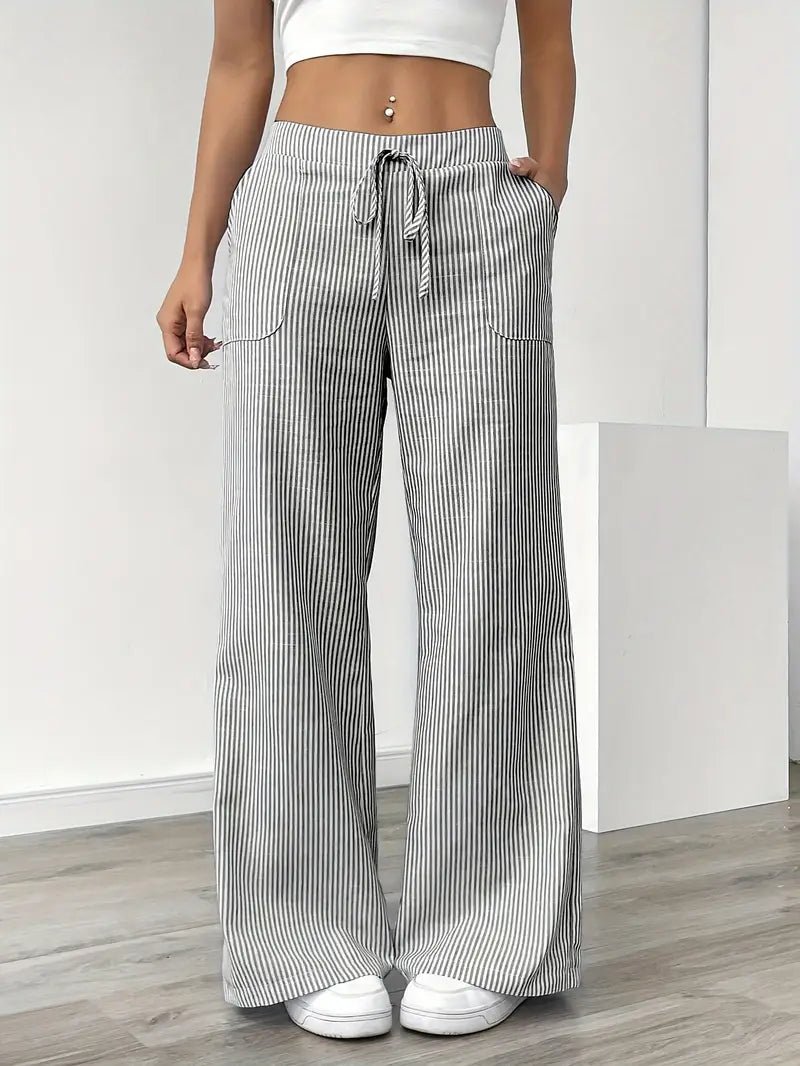 Wide-leg striped trousers with relaxed fit, elasticated drawstring waist for effortless casual style