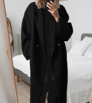 Women's caramel oversized long coat with double-breasted front, relaxed silhouette, minimalist elegance