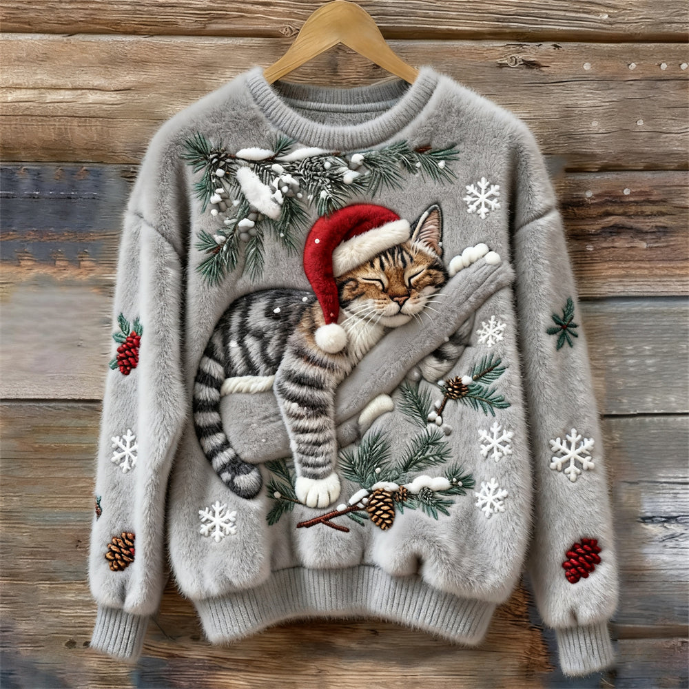 Cozy festive knit sweater with sleepy cat in Santa hat print, relaxed fit, warm holiday style