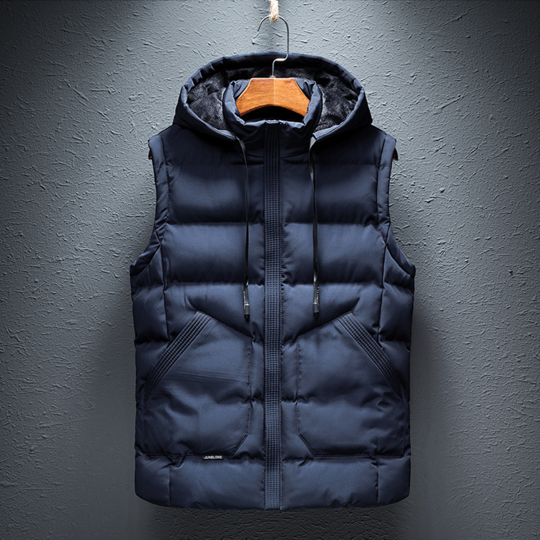 Black lightweight insulated thermal vest with stand collar and streamlined hood for urban style