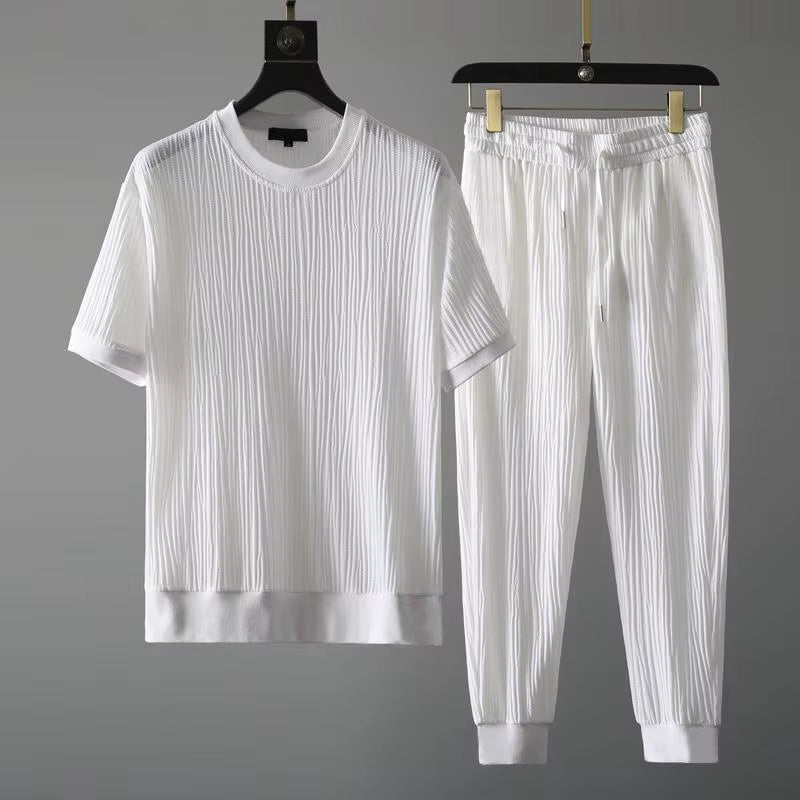 Women's ribbed cotton-blend lounge set, pleated design, city-chic relaxed fit, breathable comfort