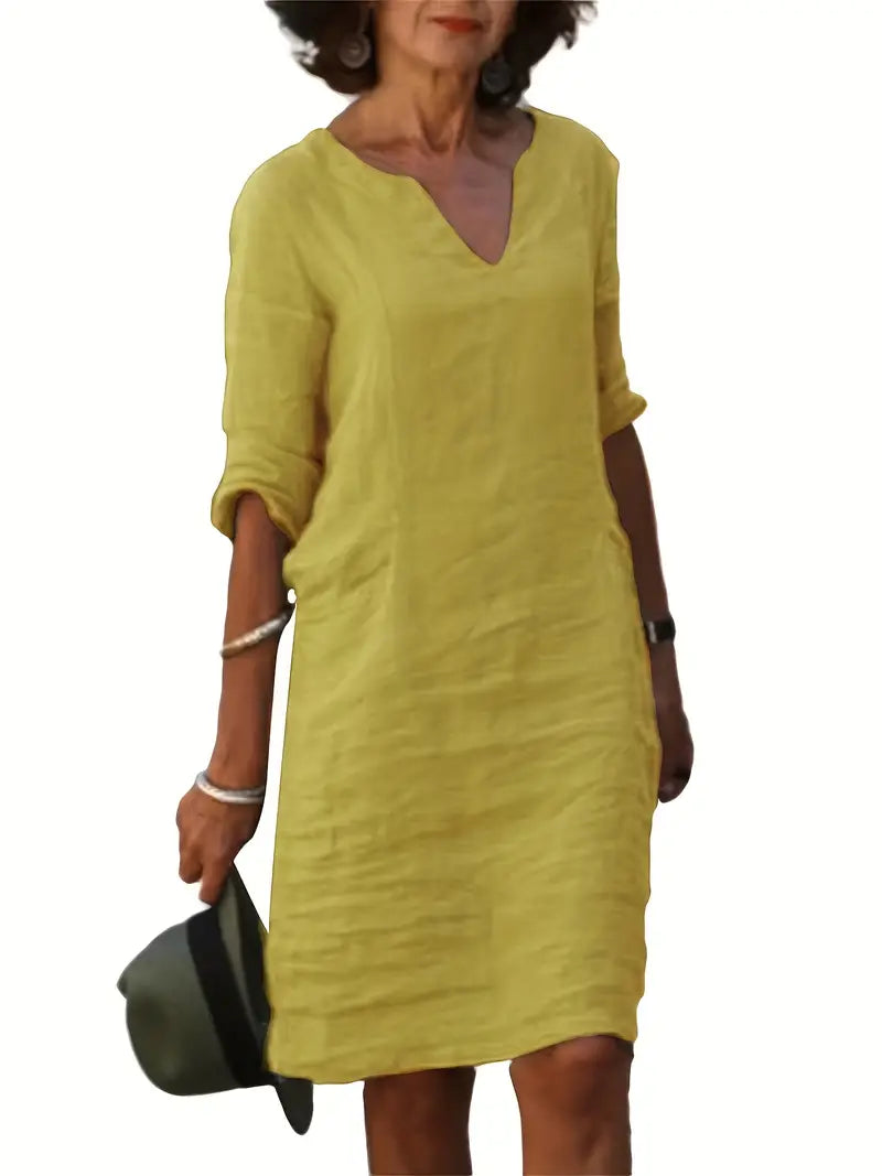 Women's casual relaxed fit three-quarter sleeve dress in soft drape silhouette for all-day comfort