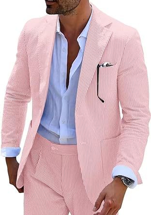 Men's light blue seersucker two-piece suit slim fit jacket and trousers wrinkle-resistant breathable