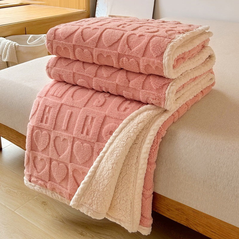 Soft blue embossed heart sherpa blanket reversible plush design for cozy bedroom and sofa use