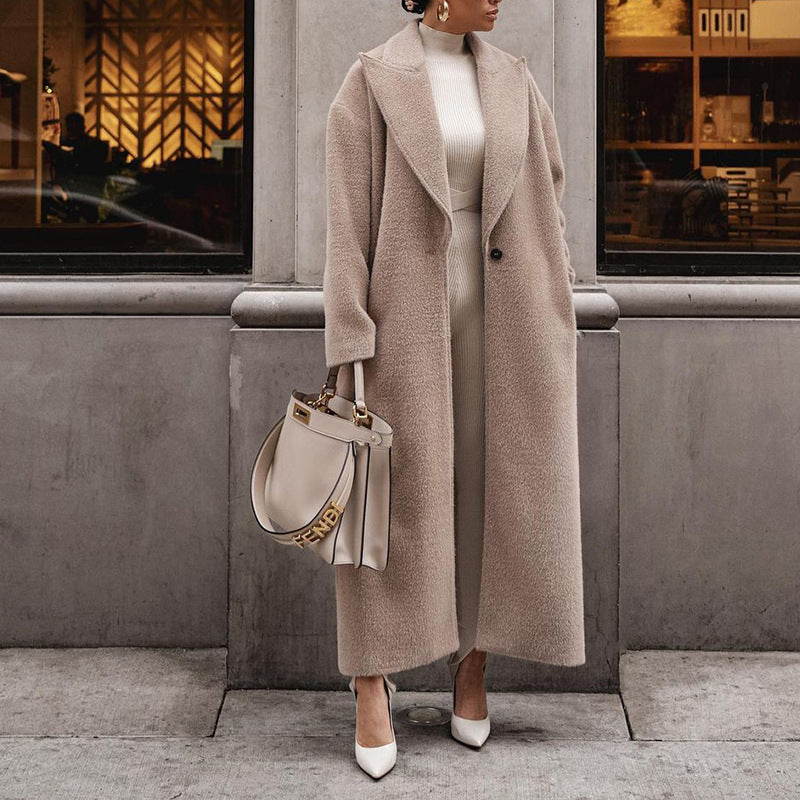 Women's gray beige plush long coat tailored silhouette soft teddy texture chic winter essential