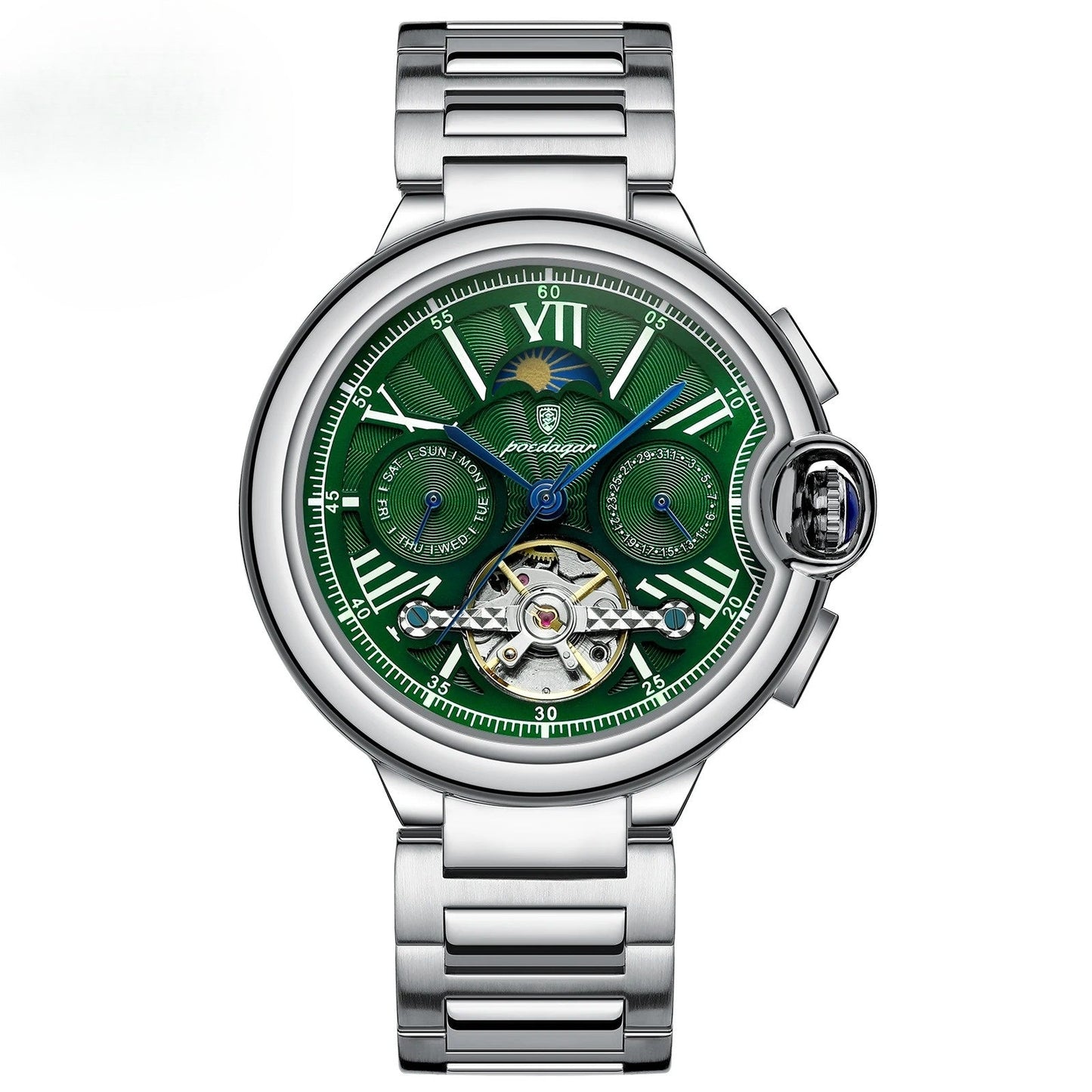 Skeleton tourbillon wristwatch silver open-heart dial moon phase sub-dials collector timepiece