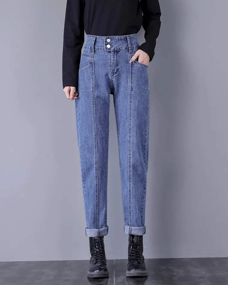 Women's high-waist sculpted fit denim jeans with double-button closure and vertical seams