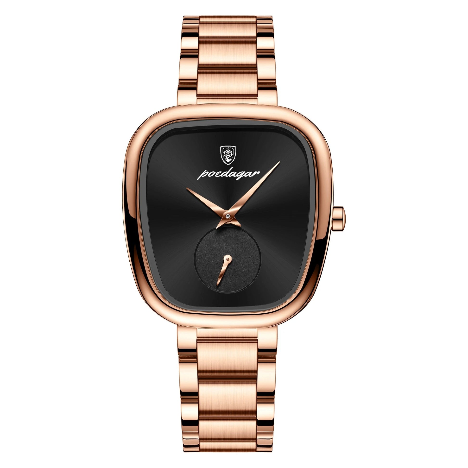Poedagar women's rose quartz square dial stainless steel watch with elegant sub-dial