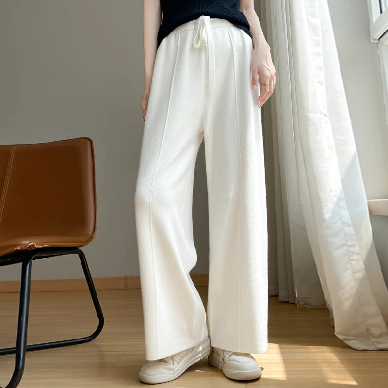 Women's wool wide-leg knit trousers with drawstring waist, casual winter comfort fit