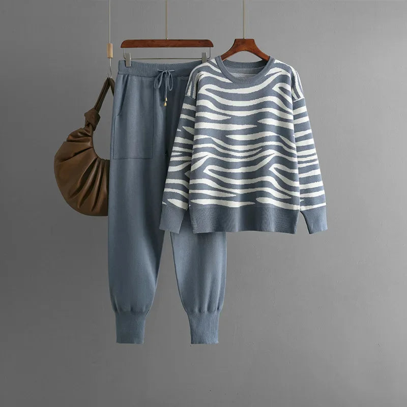 Women's black white zebra print knit jogger lounge set relaxed fit soft breathable sweater matching pants