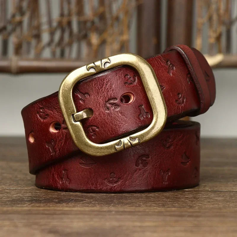 Men's brown nautical leather belt with embossed anchors sailboats and antique copper buckle