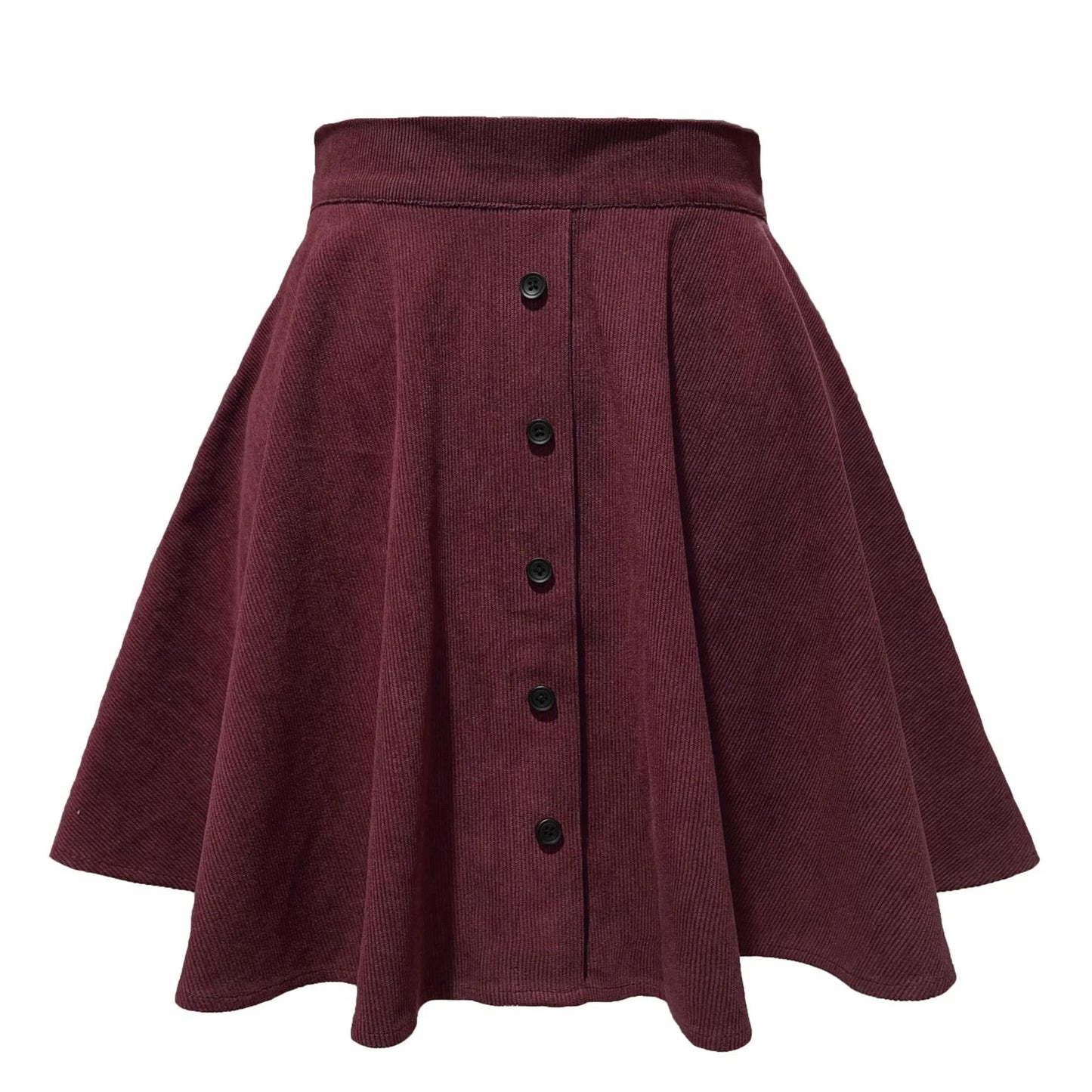 Women's high-waisted corduroy A-line mini skirt in neutral cotton blend with chic above-knee silhouette