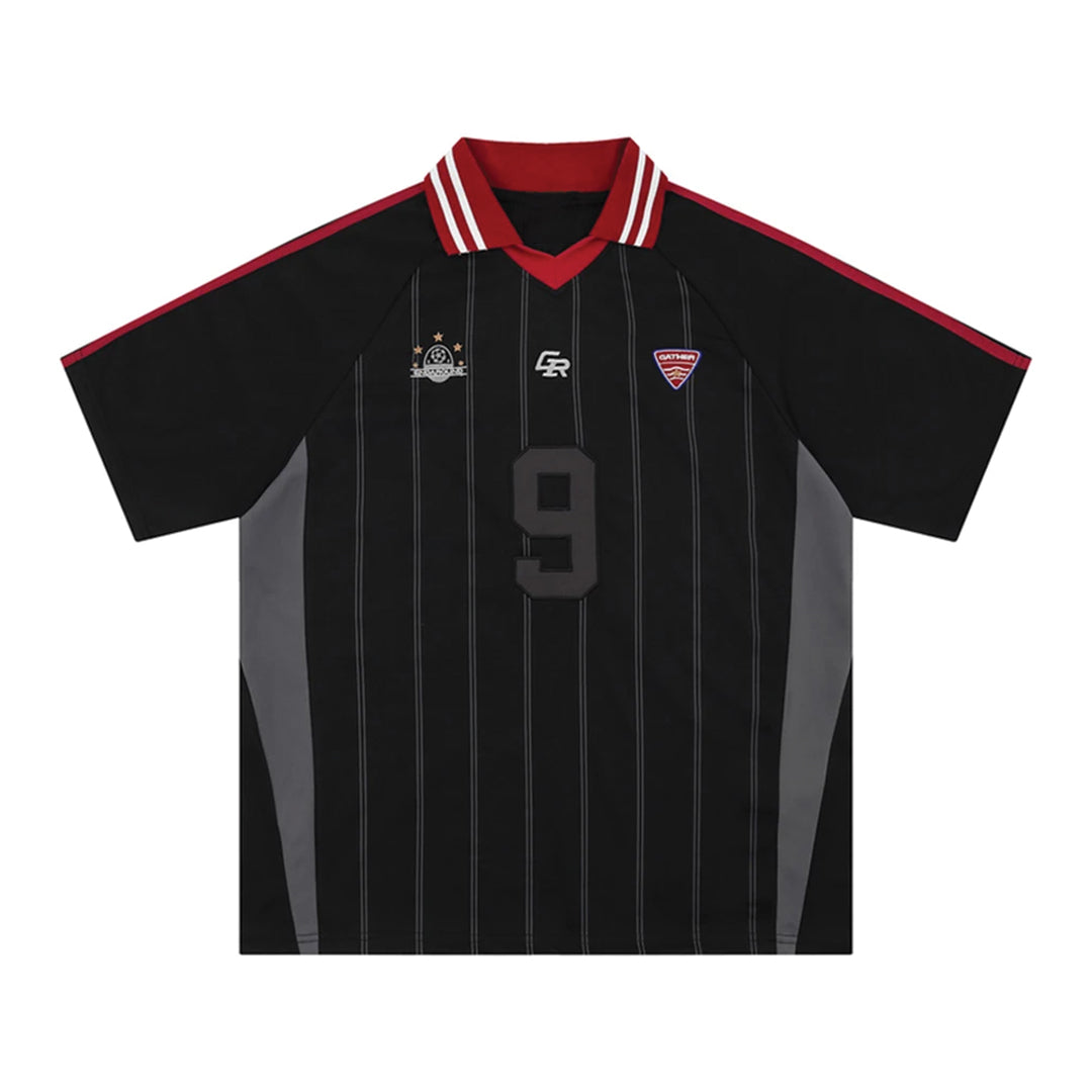 White pinstripe cotton-blend retro jersey with bold No.9 embroidery, unisex casual streetwear style