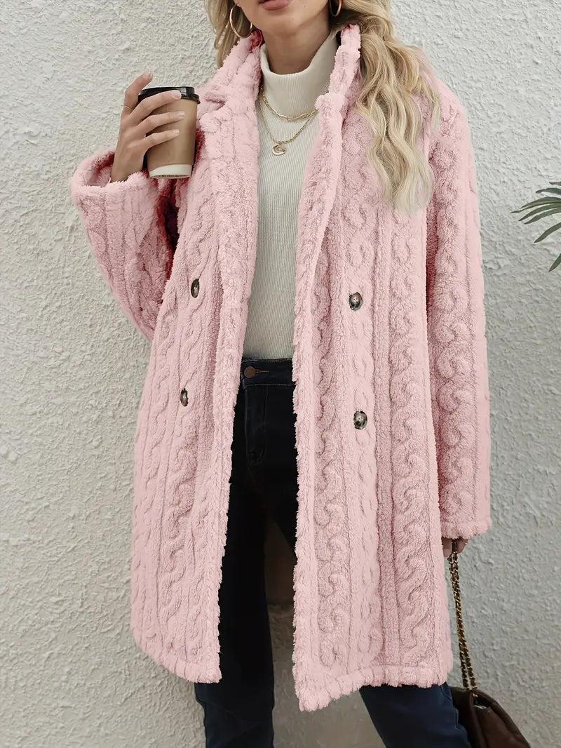 Women's ivory teddy cable knit overcoat with plush texture and elevated cozy winter styling