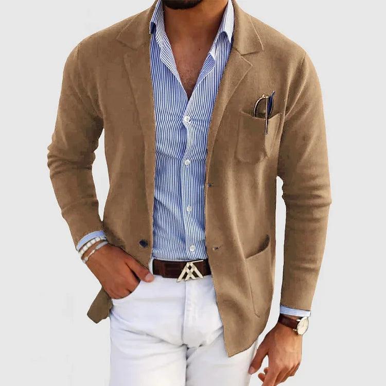 Men's slim fit knit blazer in neutral tone, business casual cut with flexible stretch fabric
