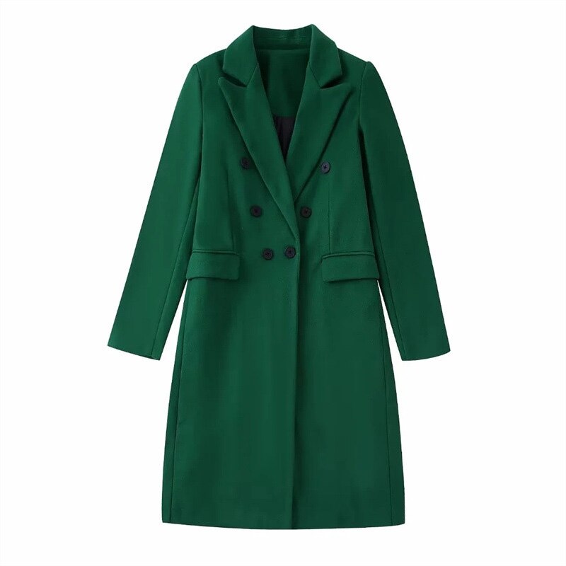 Women's long double-breasted coat tailored straight silhouette minimalist urban chic professional style