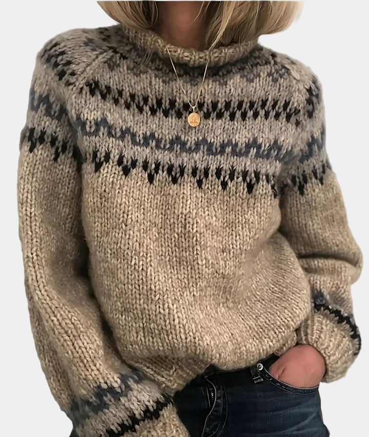 Women's cozy knitted sweater with Fair Isle jacquard pattern, natural tones, relaxed fit for winter