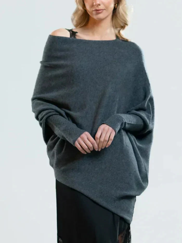 Women's asymmetric off-shoulder knit sweater, loose draped silhouette with suspender detail