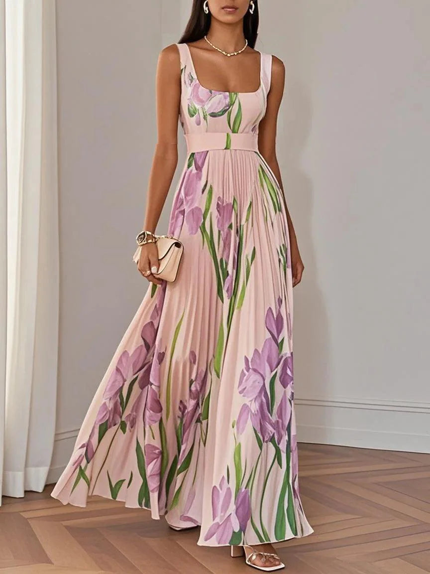 White floral chiffon maxi dress, sleeveless A-line cut with elegant square neckline and delicate pleats