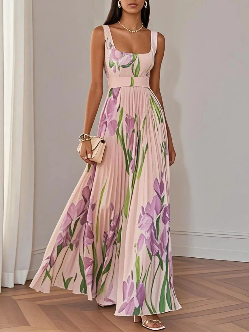 Floral square-neck maxi dress with structured bodice and pleated full-length skirt for outdoor events