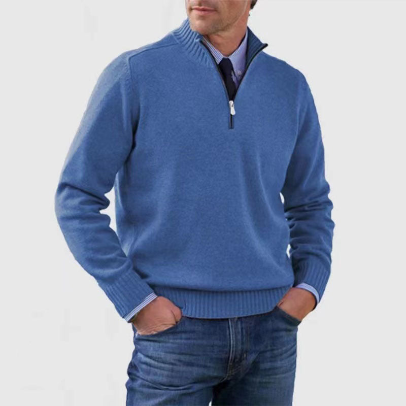 Men's gray cotton-blend mock neck zip sweater with elegant slim-fit silhouette for office wear