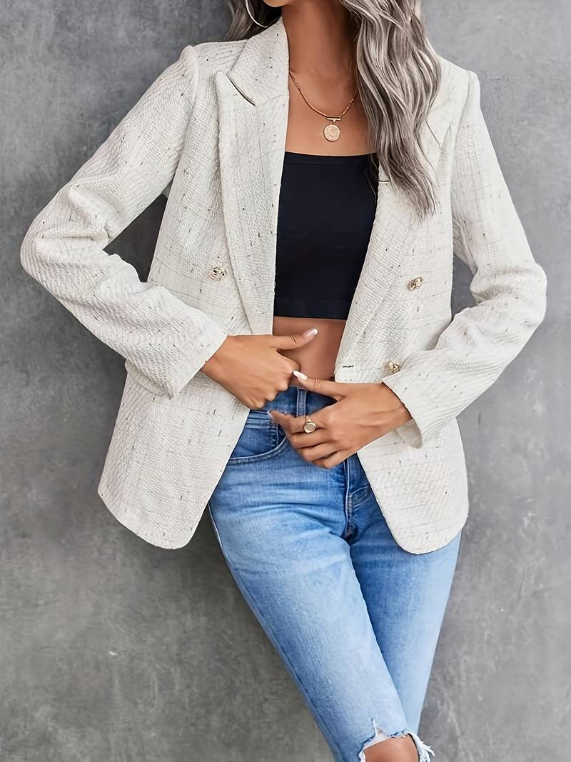Women's tailored double-breasted tweed blazer jacket with notched lapel, structured professional fit