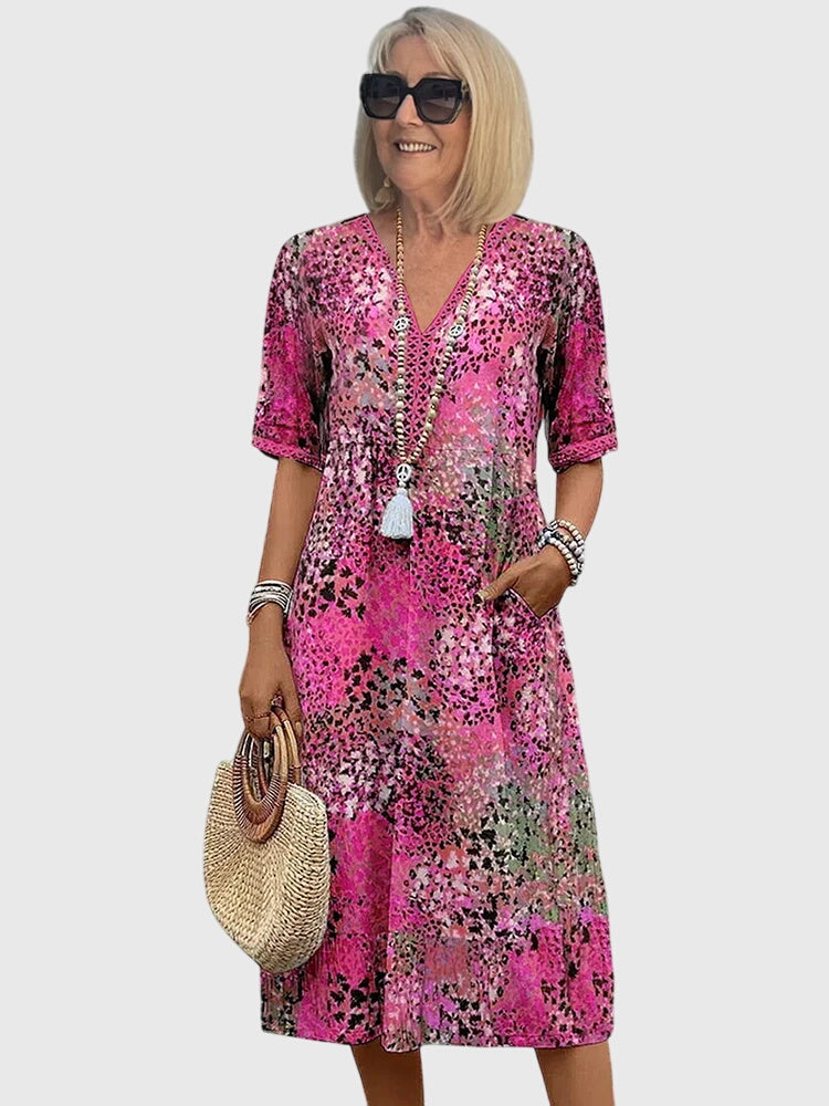 Women's floral printed midi dress v-neck relaxed drape silhouette in soft multicolor casual style