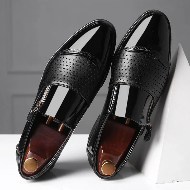 Men's black dual-texture patent gloss loafer with side zip closure and sleek dress silhouette