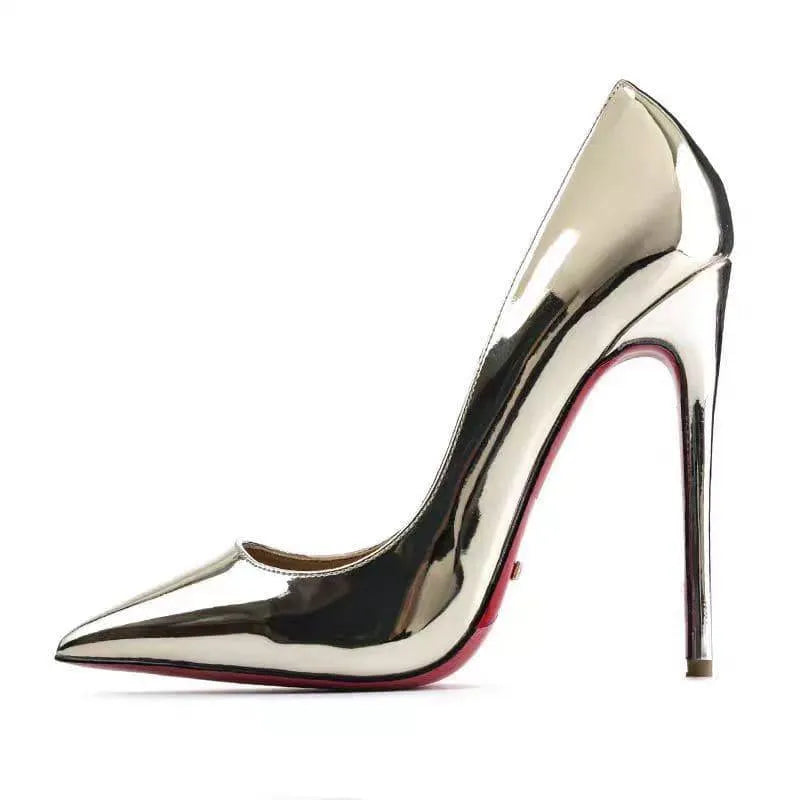 Black patent leather stiletto heels 12cm high with soft sole, elegant elongated silhouette