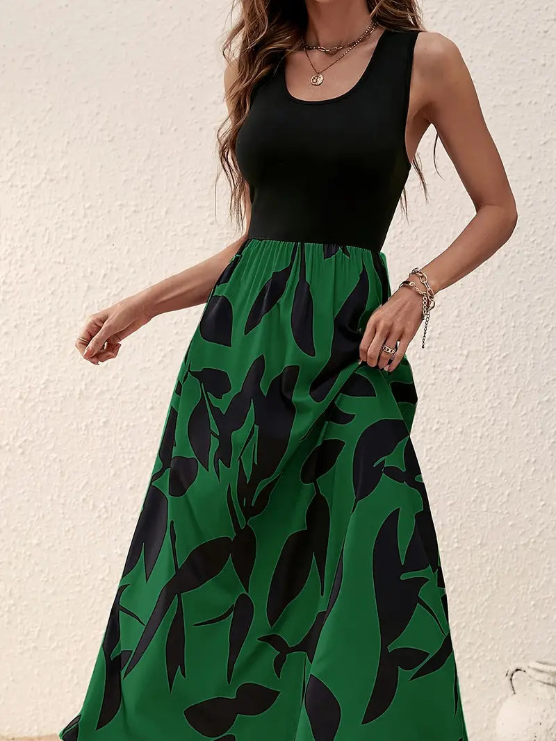 Women's loose-fit sleeveless maxi tank dress in neutral tones, casual beachwear with relaxed silhouette