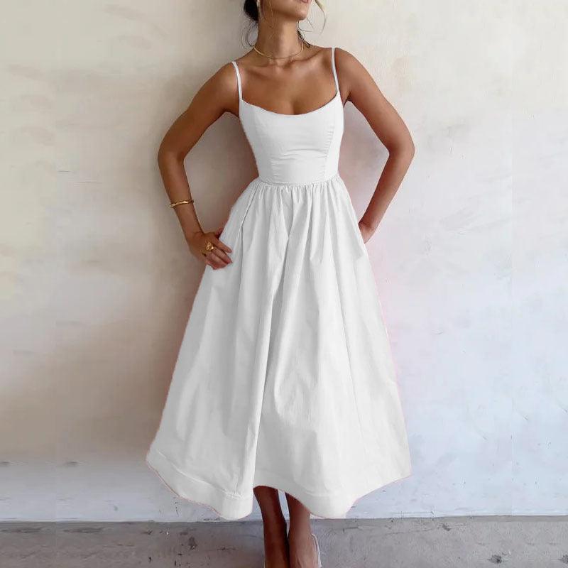 Women's sleeveless solid color pleated waist midi swing dress with elegant high waist suspender silhouette